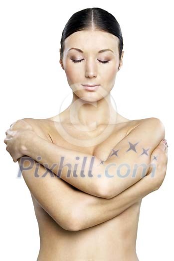 Topless woman covering her breast with hands Topless woman covering her breast with hands