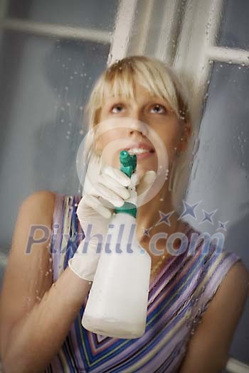 Woman spraying window Woman spraying window