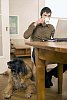 Man sitting on the table, dog on the floor