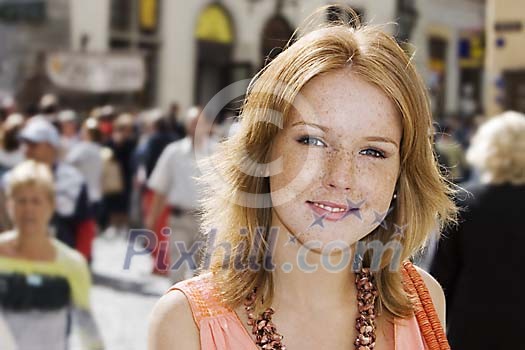 Woman on a busy summer street Woman on a busy summer street