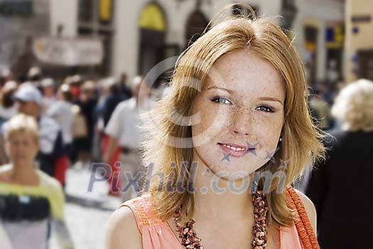 Woman on a busy summer street