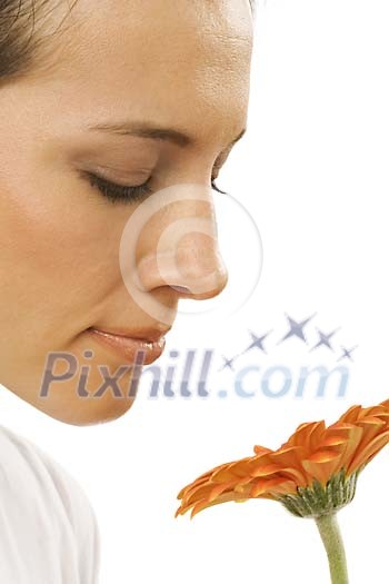Woman with gerbera closeup Woman with gerbera closeup