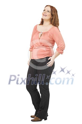 Woman standing and looking up on a white background Woman standing and looking up on a white background