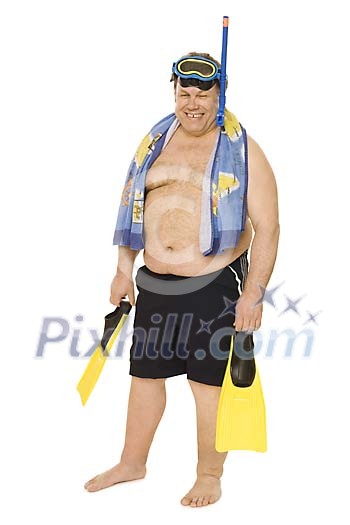 Man standing with diving equipment on a white background Man standing with diving equipment on a white background