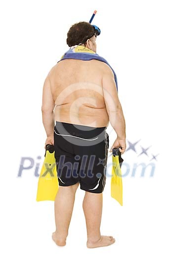 Man standing with diving equipment on a white background Man standing with diving equipment on a white background