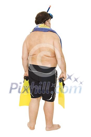 Man standing with diving equipment on a white background