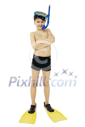 Boy standing with snorkel equipment on a white background Boy standing with snorkel equipment on a white background