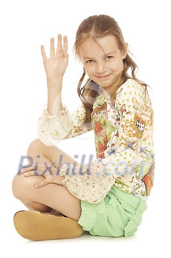 Girl sitting and waving Girl sitting and waving