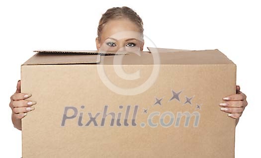 Woman peaking over the box Woman peaking over the box