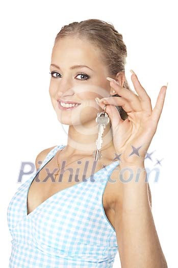 Portrait of a woman holding keys Portrait of a woman holding keys