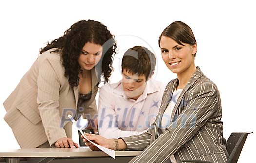 Two women and a man in the meeting Two women and a man in the meeting
