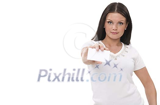 Woman showing a blank business card Woman showing a blank business card