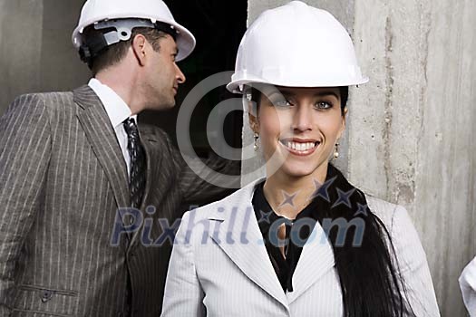 Woman smiling at the construction site Woman smiling at the construction site