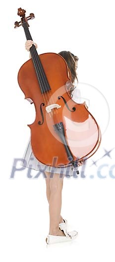 Isolated girl carrying a cello on her back Isolated girl carrying a cello on her back