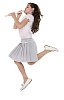 Isolated girl jumping and playing the flute