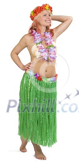 Isolated woman wearing grass skirt Isolated woman wearing grass skirt