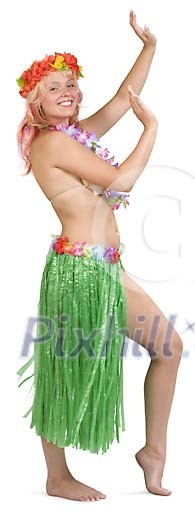Isolated woman dancing in grass skirt Isolated woman dancing in grass skirt