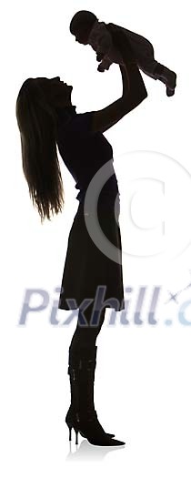 Isolated shadow woman lifting a baby Isolated shadow woman lifting a baby