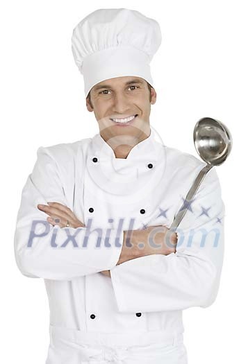 Isolated man dressed as chef with a scoop Isolated man dressed as chef with a scoop