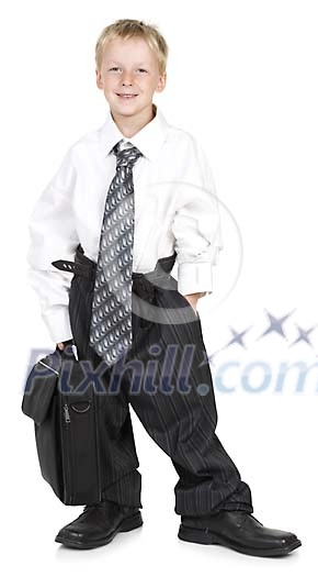 Isolated boy wearing a suit too big for him Isolated boy wearing a suit too big for him
