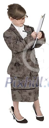 Isolated girl wearing womans clothes Isolated girl wearing womans clothes