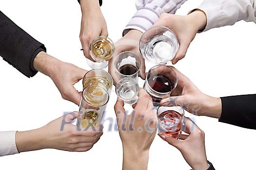 Isolated hands with different drinks toasting Isolated hands with different drinks toasting