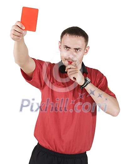 Isolated football referee showing a red card Isolated football referee showing a red card