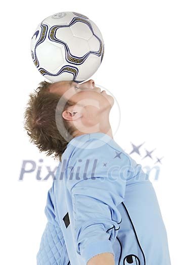 Isolated football player holding a ball on his head Isolated football player holding a ball on his head