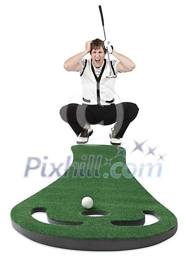 Isolated golfar looking dissapointed after failed putting Isolated golfar looking dissapointed after failed putting