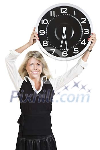 Isolated woman holding a big clock Isolated woman holding a big clock