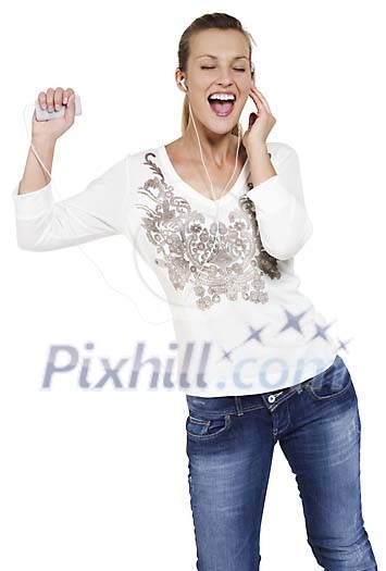 Isolated woman singing along to her mp3 player Isolated woman singing along to her mp3 player
