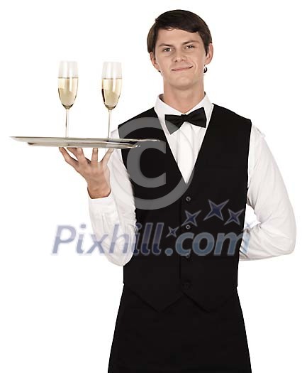 Isolated male waiter holding a tray with glasses Isolated male waiter holding a tray with glasses