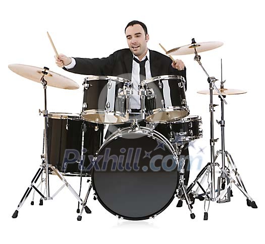 Isolated businessman playing drums Isolated businessman playing drums