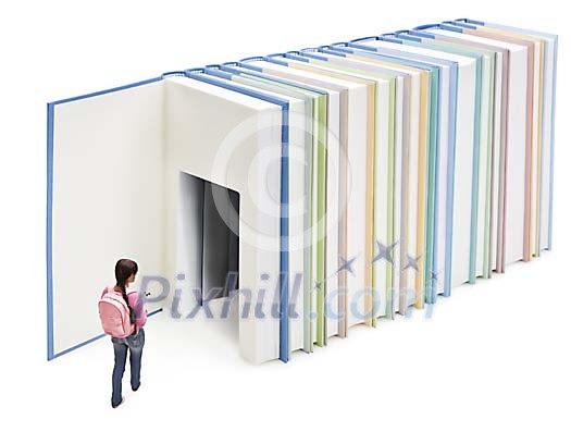 Isolated girl walking in to a house made of books Isolated girl walking in to a house made of books