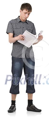 Isolated man standing and reading a book Isolated man standing and reading a book