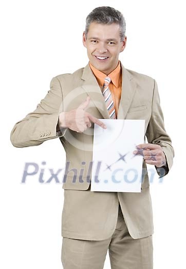 Businessman showing a small paper Businessman showing a small paper