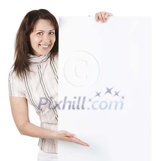 Woman shoing a big white paper Woman shoing a big white paper