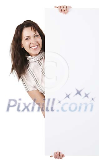 Woman holding a narrow blank poster Woman holding a narrow blank poster