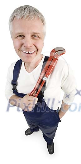 Isolated man with pipe tongs Isolated man with pipe tongs