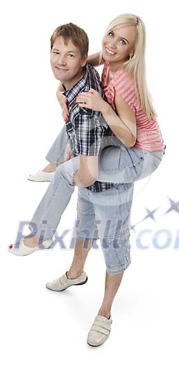 Isolated man carrying a woman on his back Isolated man carrying a woman on his back