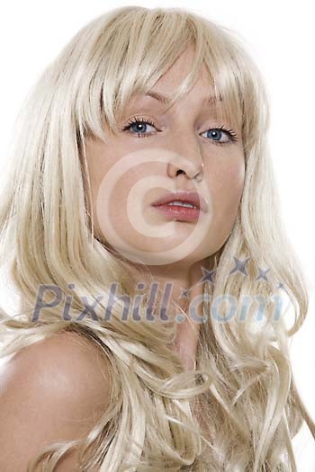 Female wearing a wig looking at the camera Female wearing a wig looking at the camera