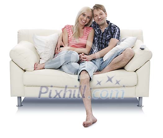 Isolated couple on the couch holding eachother Isolated couple on the couch holding eachother