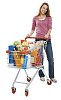 Isolated woman with a shopping cart full of groceries