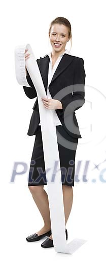 Isolated businesswoman with a very long to do list Isolated businesswoman with a very long to do list
