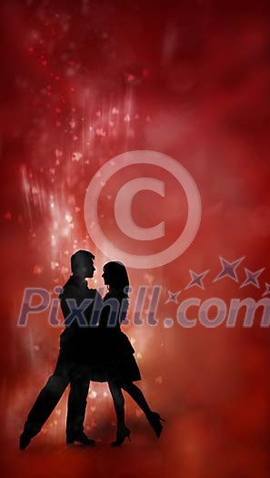 Silhouette of a dancing couple in glittering red background Silhouette of a dancing couple in glittering red background
