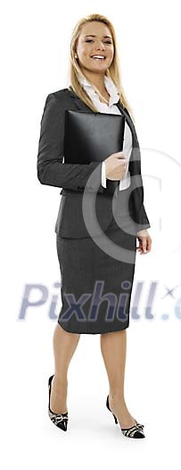Businesswoman walking on white space (clipping path included) Businesswoman walking on white space (clipping path included)