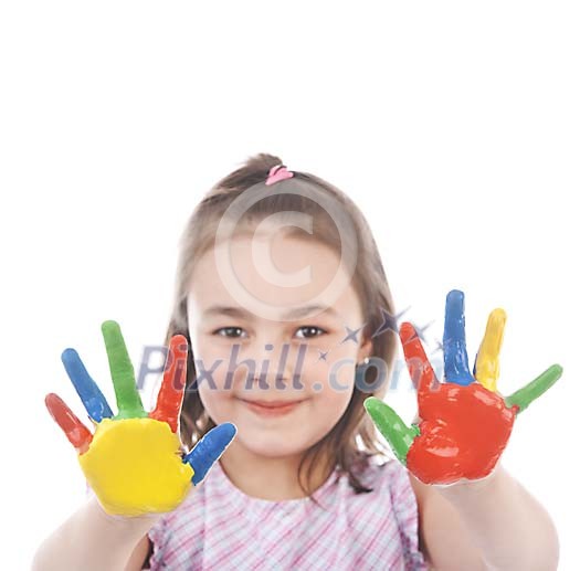 Young girl showing her coloured hands Young girl showing her coloured hands