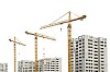 Big building site with 4 appartment houses and 3 cranes on white