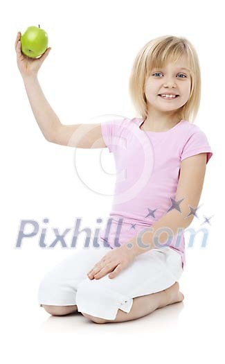 Girl sitting and holdin an apple Girl sitting and holdin an apple