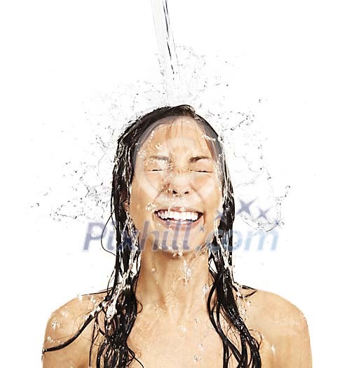 Beautiful woman under a falling water in white space